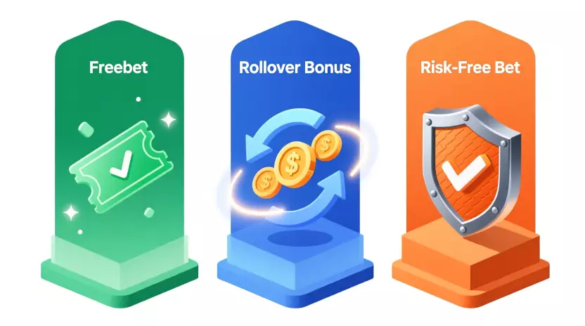 Comparativa visual entre freebets, bonos con rollover y apuestas sin riesgo: diferencias clave