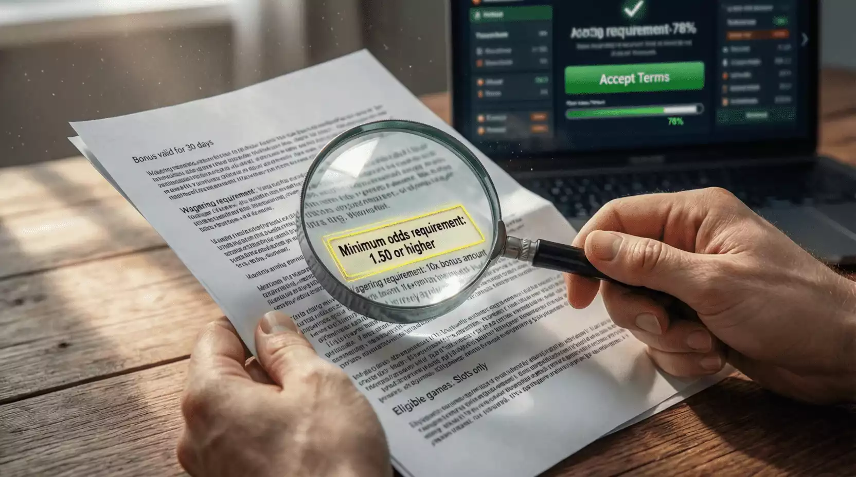 Apostador analizando requisitos de cuota mínima en términos y condiciones