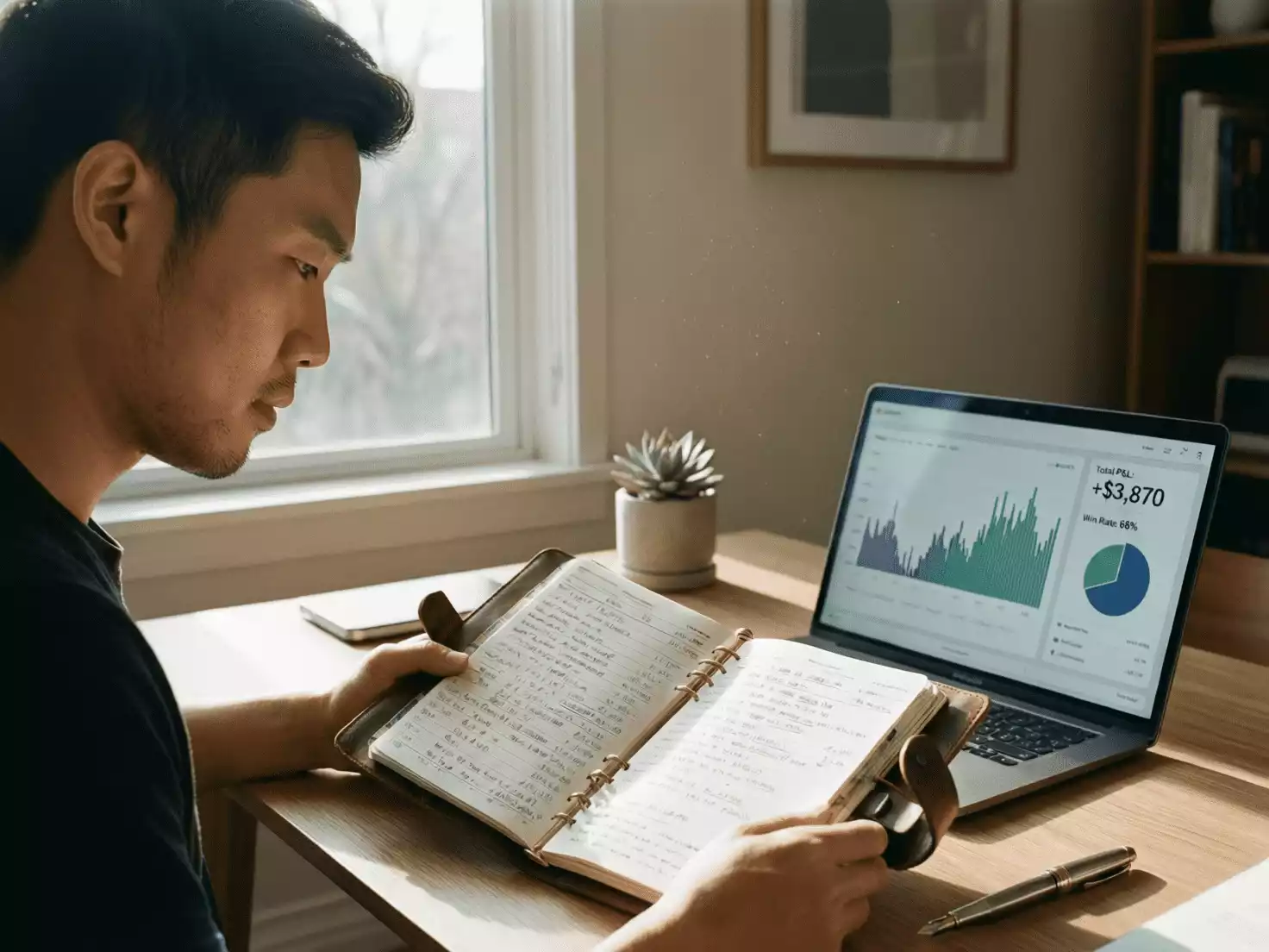 Persona estudiando registros de operaciones de trading deportivo