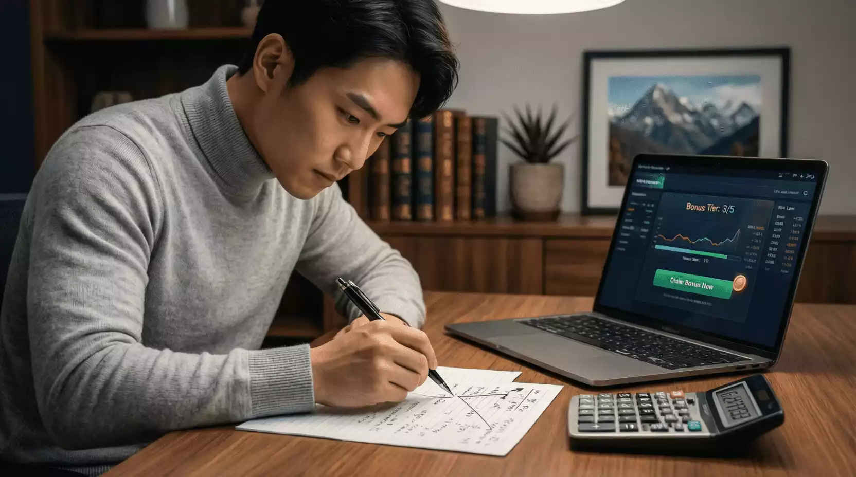 Persona calculando beneficios de matched betting con calculadora y ordenador