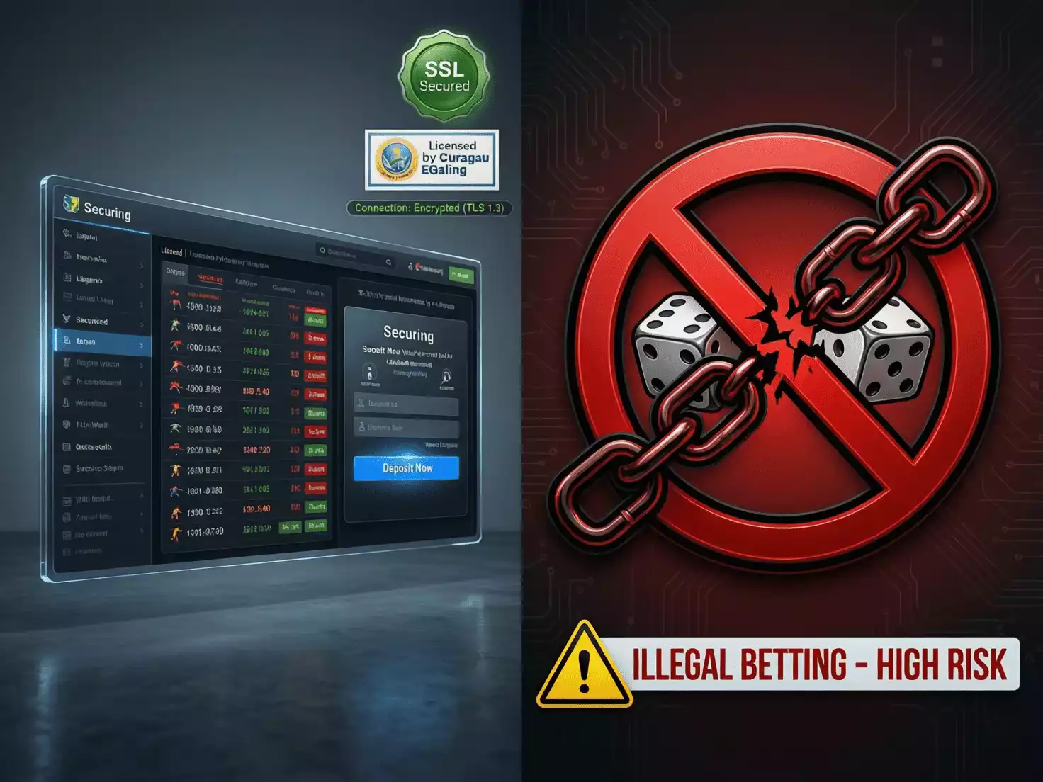 Comparación visual entre apuestas legales con protección y sitios ilegales sin garantías